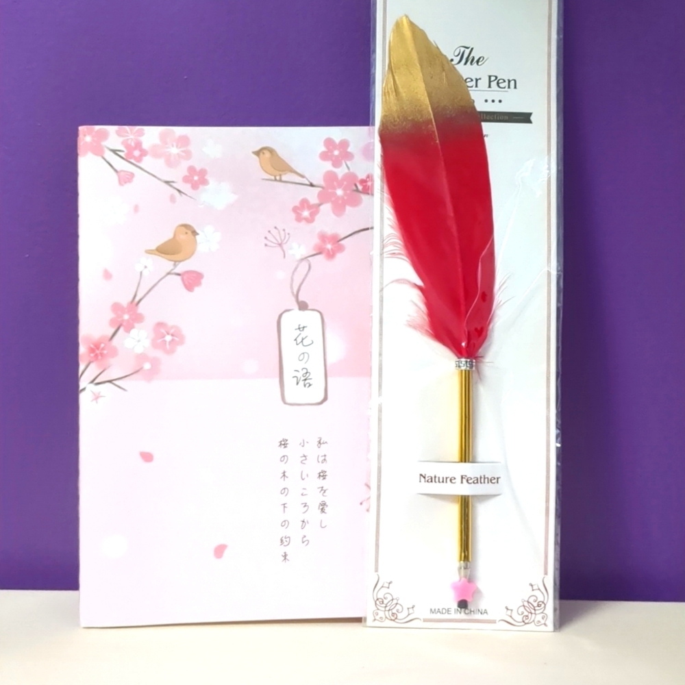 Feather Pen and Notebook Set - Sakura Pink & Red